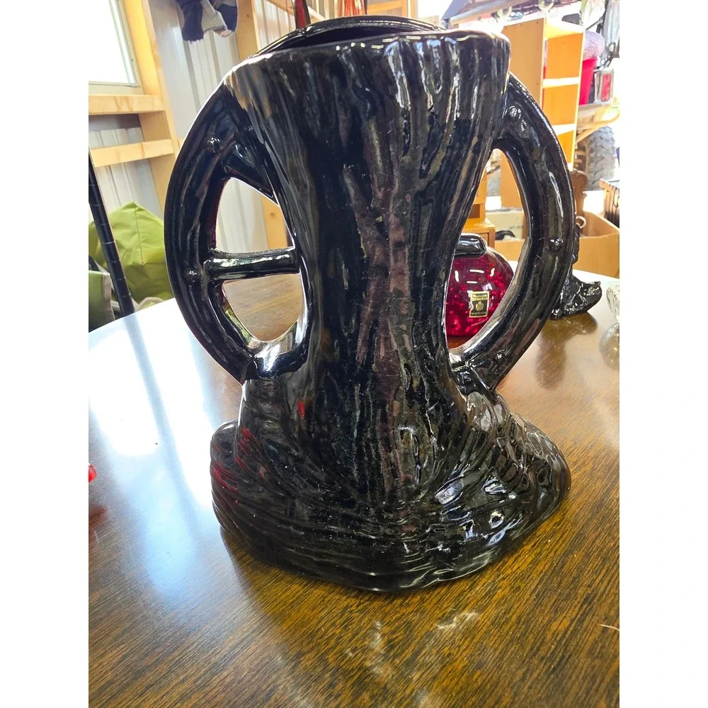Vintage Black Ceramic Wagon Wheel Planter Vase Western Farmhouse Decor 7 Inch